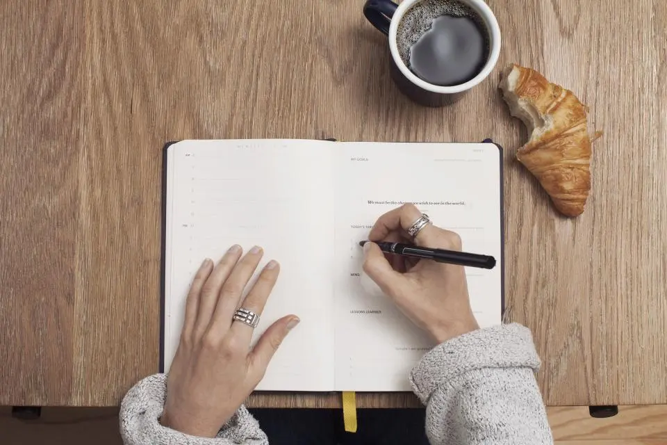 Appunti scritti a mano su un quaderno accanto a una tazza di caffè