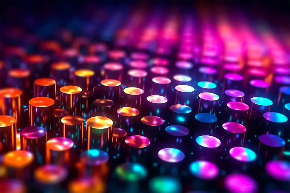 File di piccole luci colorate accese su una superficie scura