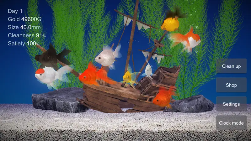 Schermata di Goldfish 3D con pesci rossi che nuotano tra piante e un relitto sul fondo