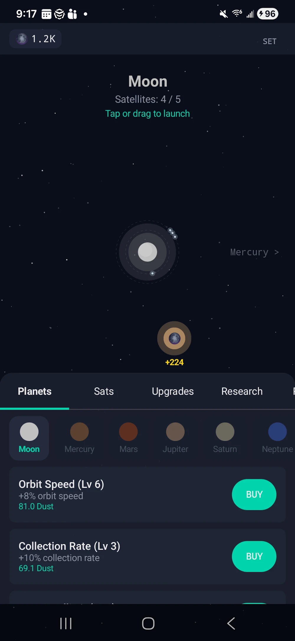 Schermata di Idle Orbit con un satellite in orbita e i pannelli di ricerca