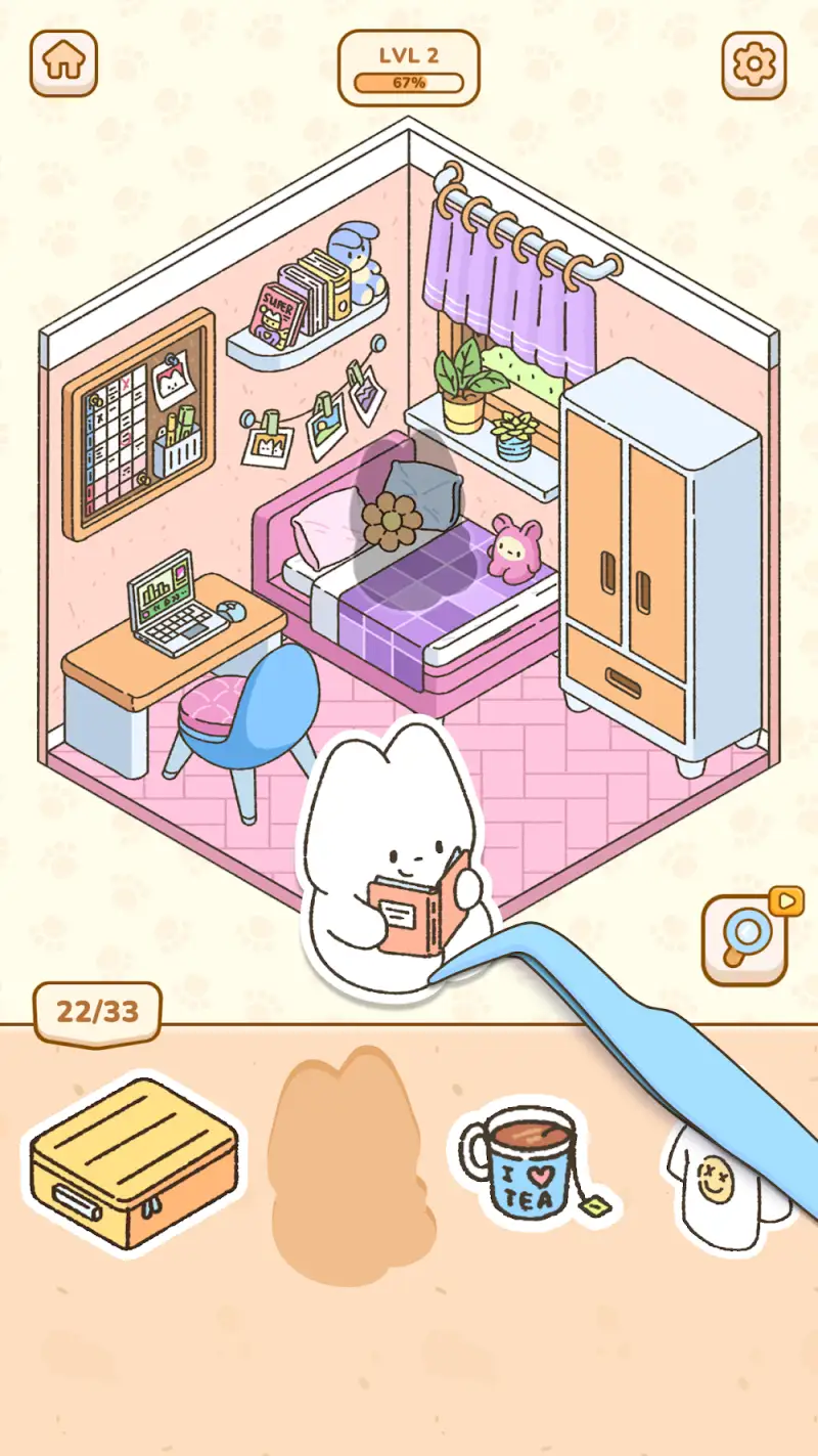 Schermata di My Sticker Room con una stanza isometrica da decorare